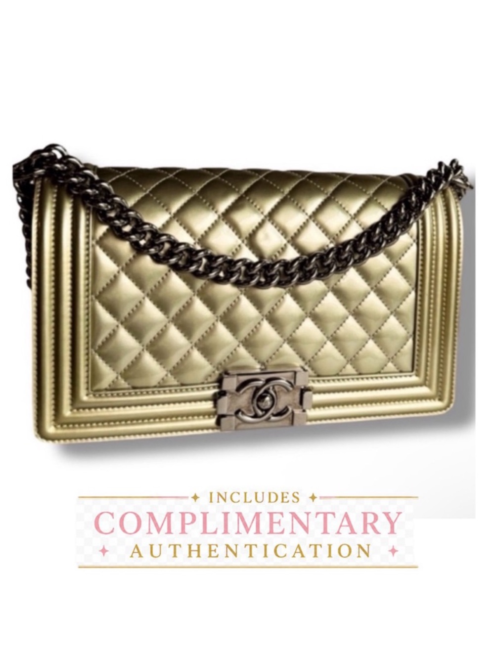 Chanel Old Medium Boy Flap Metallic Gold Patent Gunmetal HW Series 19 2014